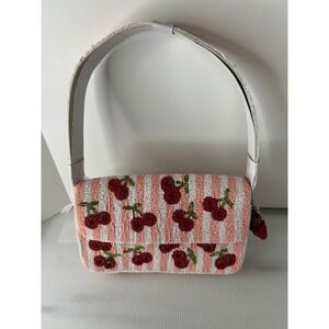 Handcrafted Beaded Cherry Stripe Shoulder Bag Pink White Red Fruit‎ Charm India